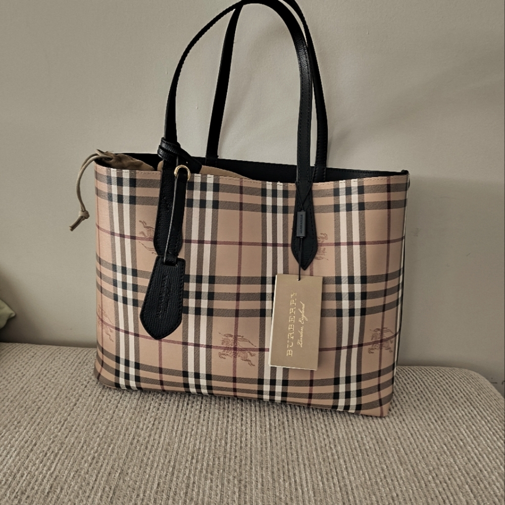 Burberry black/plaid Haymarket reversible tote. Approx H 11 1/2 x W 16 x 4 D